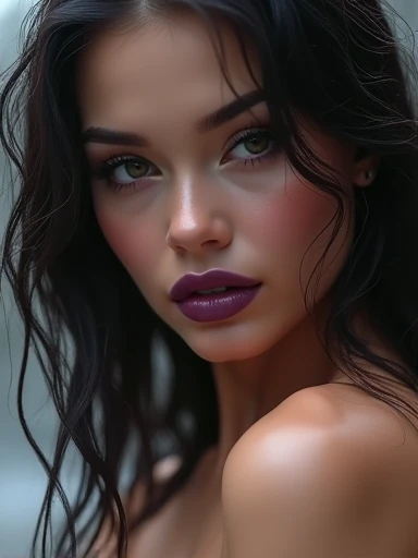 (Masterpiece.uhd.photorealistic) an ultra hot gorgeous European woman. Age 23. Voluptuous hourglass body.(gorgeous Baby face). Huge boobs (100 DDsize). (( extreme close up on her full deep purple lips.)) rainy day.