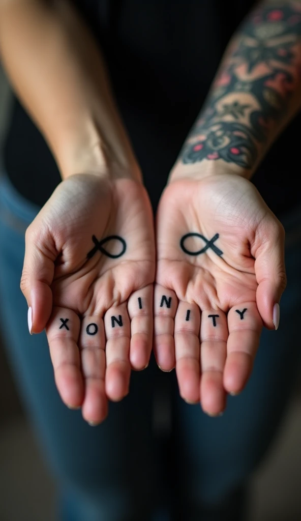 close up of tattooed hands of a woman, showing both knuckles to the viewer, each finger a letter tattoo spells "infinity"