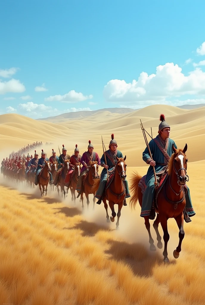 "Create a vast, expansive steppe landscape with rolling hills under a clear blue sky. Populate the scene with 1,000 Mongolian horsemen, each riding strong, sturdy horses. The horsemen are wearing traditional 'deel,' which are colorful, ankle-length robes with wide belts, featuring various patterns and designs. The scene should capture the motion and energy of the riders, with some holding traditional weapons like bows or spears. The horses should be in various poses—some galloping, others trotting, with dust being kicked up from the ground. The overall atmosphere should convey a sense of tradition, strength, and the vastness of the Mongolian steppe."
This detailed description should help in generating the desired image.