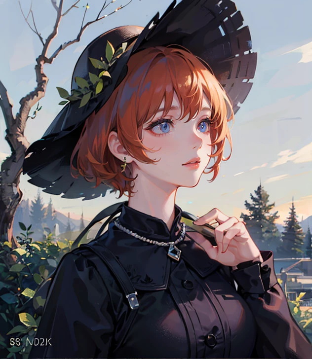 A girl with short orange hair, detailed facial features, purple forest, clothing made of leaves, high quality, detailed body, detailed skin, detailed clothing, detailed environment, , vibrant colors, , photorealistic, (best quality,4k,8k), realistic light