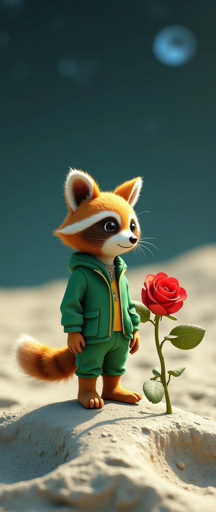 A capticaptivating photograph of a cute extra fluffy baby realistic raccoon, half image MAKE ME AN ILLUSTRATION FOR THE TALE OF THE LITTLE PRINCE. THE BOY WITH THE FAIR SHOULD BE STANDING ON THE MOON WITH A GREEN SUIT AND THERE SHOULD BE A ROSE NEXT TO HIM. THE ROSE MUST BE ONE AND RED, photo, 3d render, conceptual art