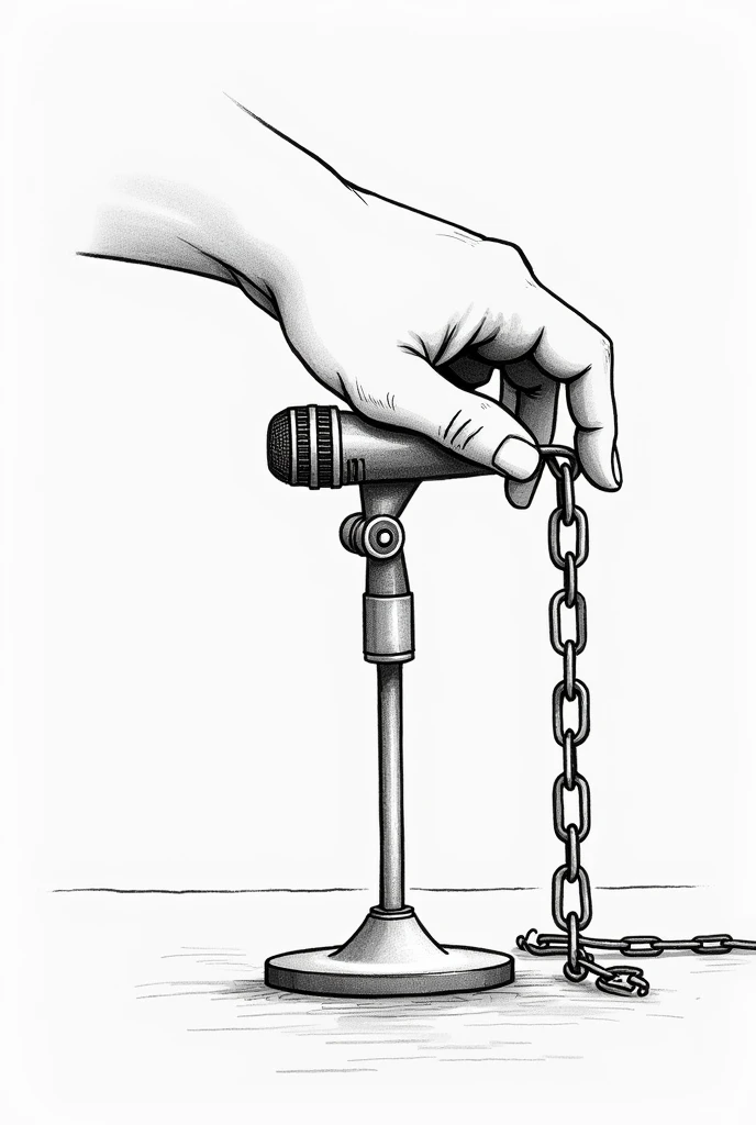 An artistic representation of a microphone with chains breaking, symbolizing the concept of freedom of speech being threatened.