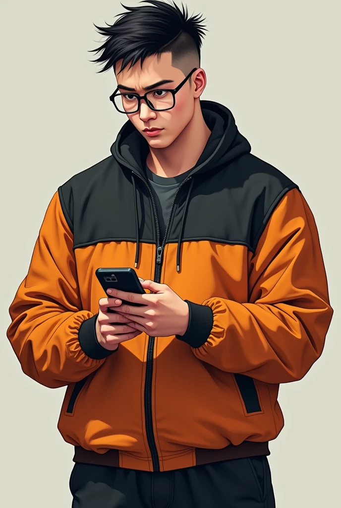 Fat boy, of 1.66 tall, Wearing glasses, with short, military-style hair and black color, black eyes, wearing a jacket that fits your body, Jacket color: black on the top half and orange on the bottom half, wearing gym pants and looking at his cell phone, white skin and a slightly fat face.