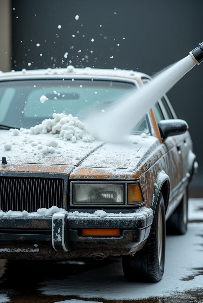 Dirty car being washed with foam jet