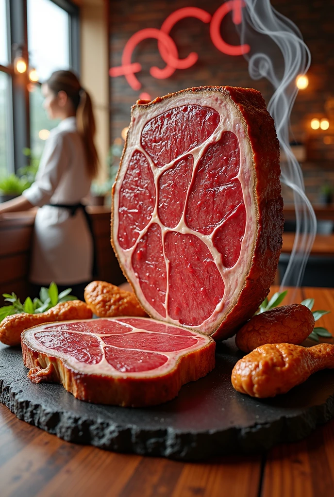 the facade of Sherman Way depicts a 3D steak, with well-detailed, 3D grilled chicken, a three-dimensional logo made entirely of transparent billowing smoke, bright colors that explode with their shape, conceptual art, 3D rendering, photography, cinematography, poster, typography, an interesting angle of abstraction, golden brown crust steak, Francesco Raibolini, veined steak, two smoky chicken wings, beautiful waitress, signboard, smooth curved design