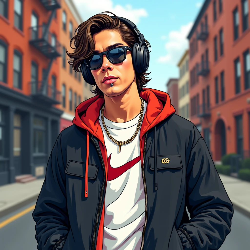 A stylized illustration, with framing from the waist up, This type of art will be based on cartoon and manga fundamentals.. A man who looks like Tom Holland in a Nike shirt, trap singer style and behind a blookyn neighborhood, with headphones and a black jacket, wearing Gucci sunglasses, medium hair. Piercing na boca