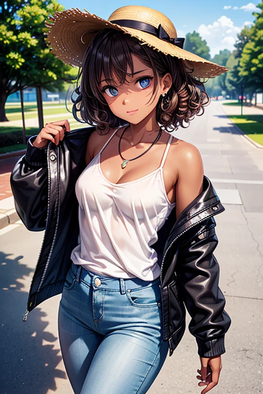 #Basic
A girl posing for a photo, (((One Girl))), (((:1.4)) + ((cute:1.4)) + (())),
break
#Clothing Accessories
((Black jacket on shoulders)) + ((White loose T-shirt)) + ((Blue denim skinny pants)) + ((Black ankle boots)) + ((Small brim straw hat)),
(Red Gem Earrings), (Silver Necklace),
break
#Features
((Black Hair:1.2)) + ((Diagonal bangs)) + ((very long transverse hair)) + ((Medium Hair : Short Hair + Curly hair:1.4 + Wild Hair:1.2 + Voluminous Hair:1.2 + Bedhead:1.5)),
((Droopy eyes:1.4, Big eyes:1.2), blue eyes), (Small breasts:1.2), (中立的な顔のFeatures), (Tanned dark skin:1.4),
break
#background environment
((noon, Sunlit park walkway)),
#Facial Expression Pose
((smile)), ((Walking with strength and confidence)),
#composition
((Angle from the front:1.2, Cowboy Shot)),
break
#Body parts elements
(Slim figure),
(Symmetrical facial features),
(Detailed Hair, Beautiful Hair, Shiny Hair),
(double eyelid, Long eyelashes, Thin eyebrows:0.5, Thin eyebrows:0.5),
(Expression of fine eyes, Beautiful and delicate eyes, Sparkling eyes, Eye Reflexes, Glitter Eyeliner),
(Human Ear),
(Beautiful Nose, Thin Nose),
(Glossy Lips, Beautiful Lips, Thick lips),
(Textured skin, Detailed skin, Textured skin, Beautiful Skin, Oily skin),
break
#quality
(((最高quality)), ((masterpiece:1.3)), ((Very detailed))), ((Ultra-high resolution)), ((16K)), ((1080P)), ((Full HD)),
((Anatomically correct)), ((Realistic)), (3DCG), ((Oil painting)),
((comics, anime)), (CG illustration), (RAW Photos),