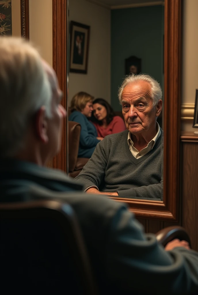 An image of an elderly man watching his daughter and son-in-law who are on the sofa,from the mirror lying down