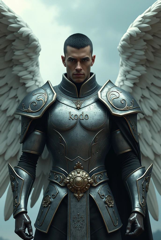 Cinematic, ultra high realistic, a steely glaze of a male black shorthaired buzz cut biblical battle angel in armor, Engraved on his armor "Kodo", white angelwings,
