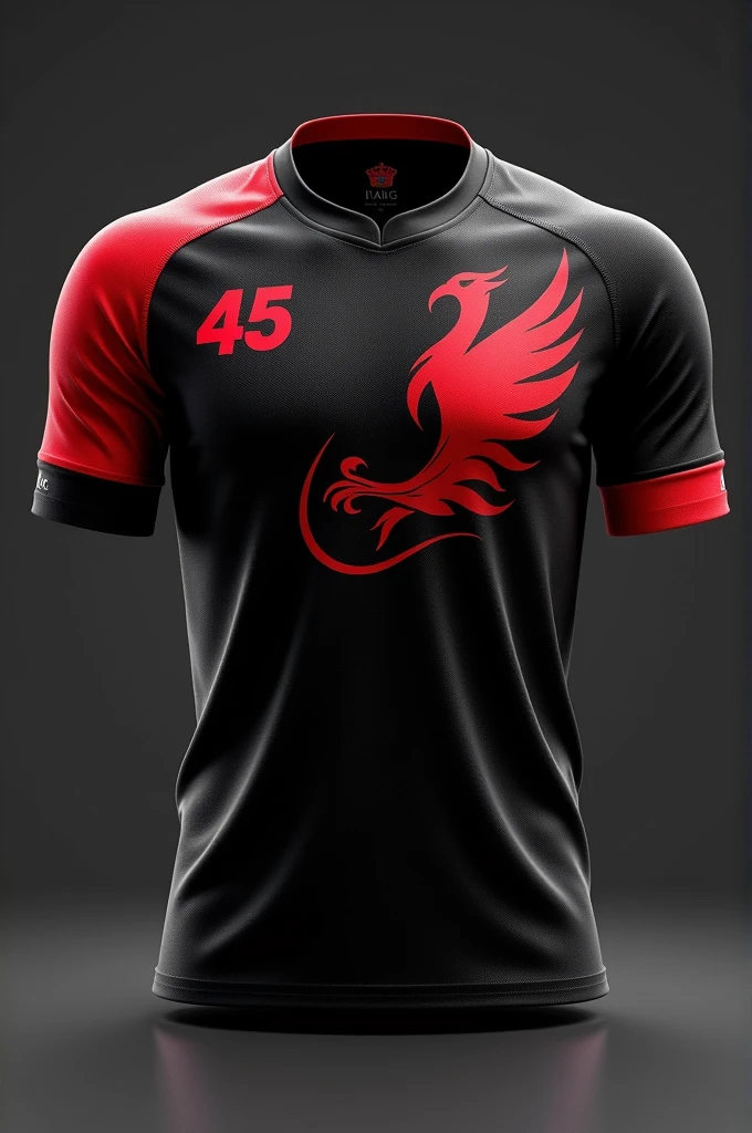 Black jersey with red phoenix on the right chest and number 45 on the back and IAG as brand sponsor on the left hand