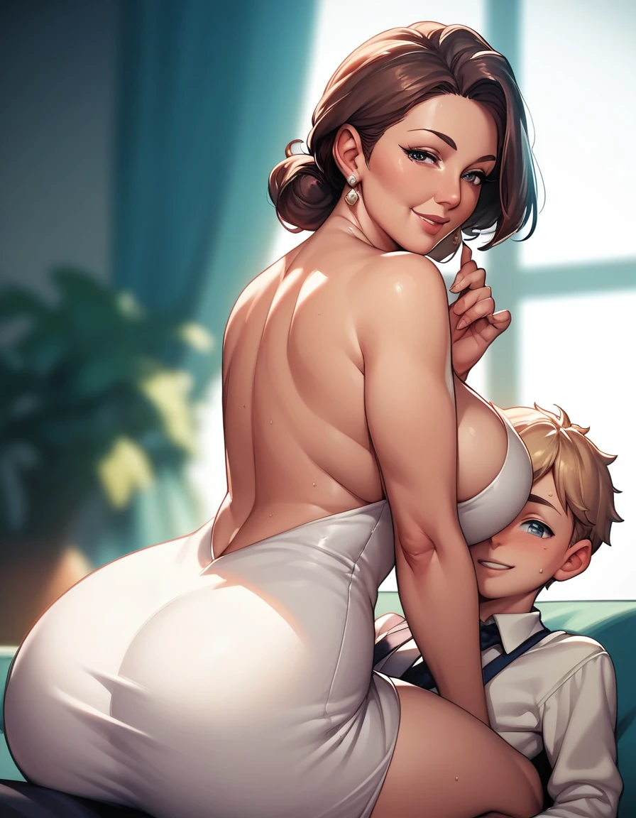 score_9, score_8_up, score_7_up, source_anime, 1boy, 1girl, mature female, mother and stepson , mature male, seductive smile, looking at viewer, The mother is sitting, stepson is clinging on mother, white tight dress, from behind, (focus on her hips), Sitting on stepson