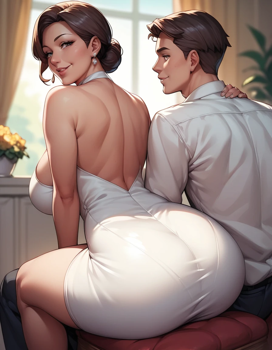 score_9, score_8_up, score_7_up, source_anime, 1boy, 1girl, mature female, mother and stepson , mature male, seductive smile, looking at viewer, The mother is sitting, stepson is clinging on mother, white tight short dress, from behind, (focus on her hips), Sitting on stepson, stepson is african
