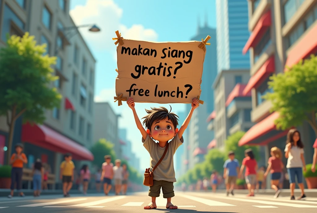 A homeless boy named "bujang" holding banner with text "makan siang gratis?", animation style