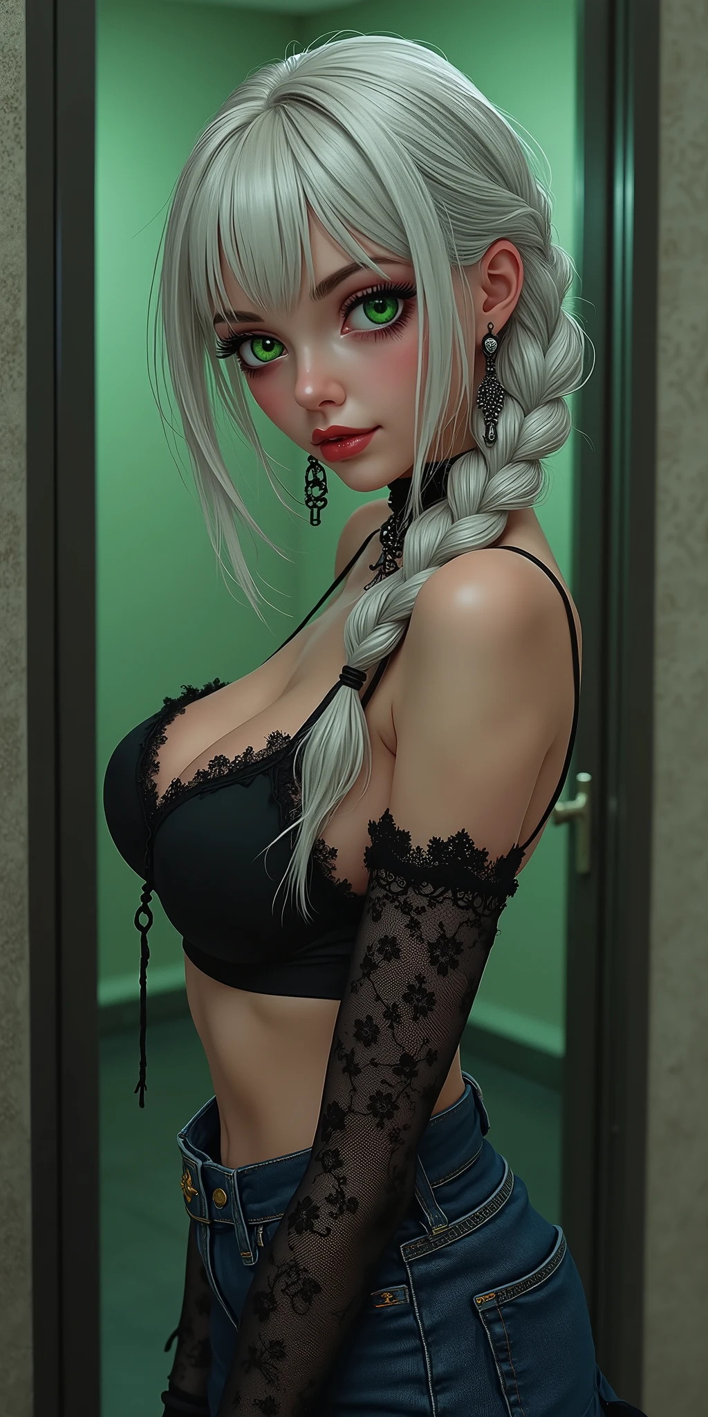 (best quality, ultra-detailed, photorealistic: 1.39), bright and vibrant colors, studio lighting, romantic expression, An effeminate girl, with a delicate and beautiful face. Beautiful and adult gothic woman with her with long braid blonder hair matches the gothic makeup, her green eyes and mischievous smile, with her large seductive breasts, cleavage, Punk-style white hair, symmetrical bangs, voluminous breasts, wearing a flared denim skirt, black lace bra, goth. She have a horny face, like a manwha character, chain details,, walking in leaning pose in the apartment hallway, seductive cleavage, manga style, anime features manga style, fully body, anime style