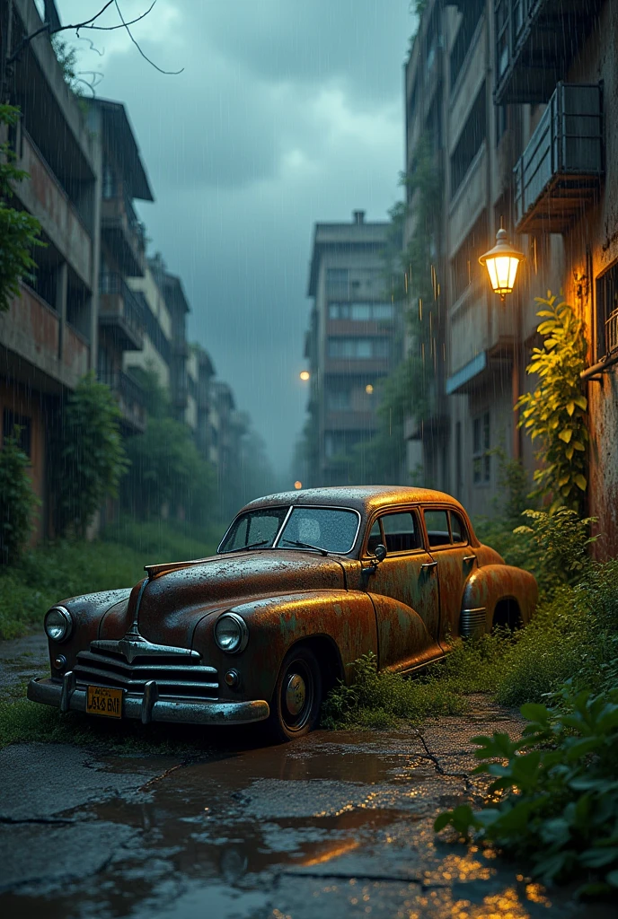 une vieille voiture rouillée, scène de rue de ville postapocalyptique, des arbres poussent partout, bâtiments délabrés, trottoir fissuré, herbe haute et envahie, ciel nuageux et dramatique, légumes verts, grosse pluie, Éclairage cinématographique, composition cinématographique, très détaillé, Photoréaliste, photo prise de nuit avec éclairage d'un lampadaire