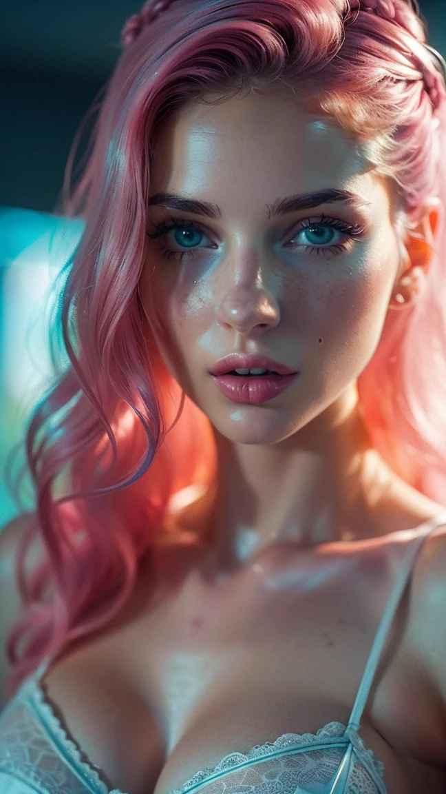 (((ultra realistic))) Photo, masterpiece, top quality, (ultra pale skin), (Ultra detailed face and eyes.:1.3), 1 girl, adult, In white lingerie ((eye makeup, pink mascara)), ((big detailed lips)), ((Light blue and pink wavy hair.)), ((stylish hairstyle)) , (natural breasts), (Thin waist). ((Posing)), Photoshoot, (Suave) Turning on, (The game of lights and shadows), depth of field, bokeh, (Special attention to leather details.: 1.2), detailed leather texture, skin pores. (Erotic frame atmosphere.. Color combination: turquoise, yellow, blue, Tons), DR, ((film grain)), ((good heavens)), (Glare), ((portrait from the waist up)) , ultra detialed,