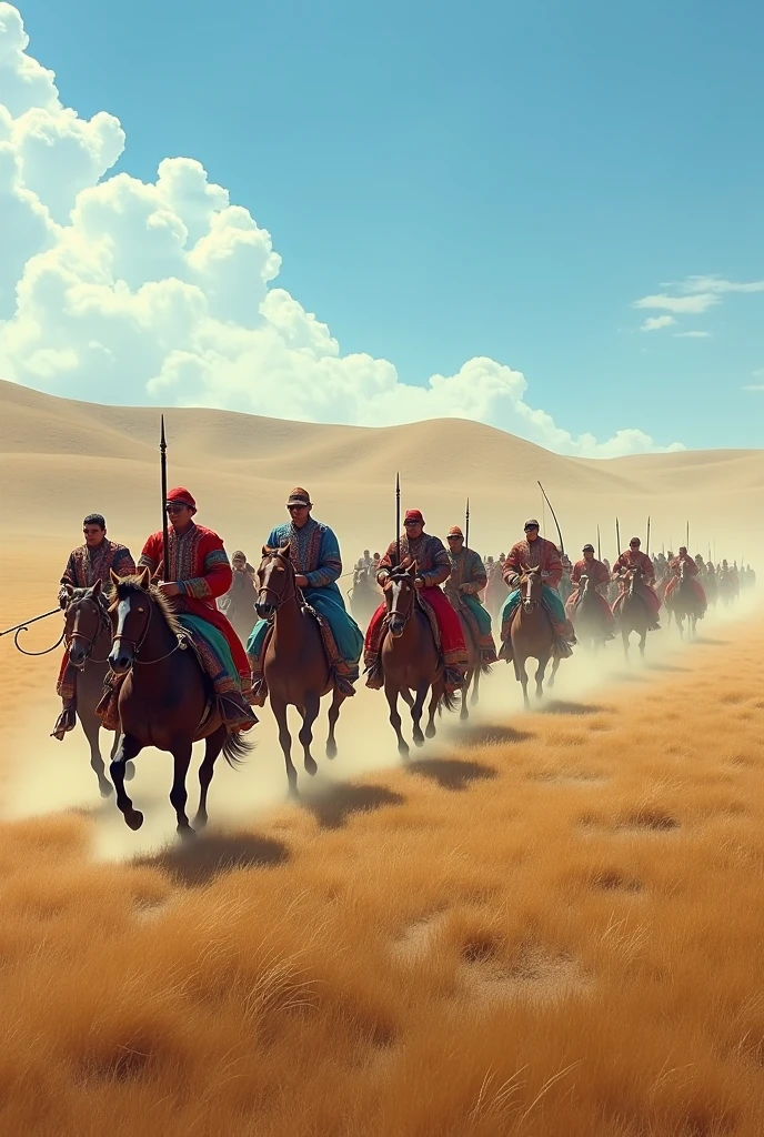 "Create a vast, expansive steppe landscape with rolling hills under a clear blue sky. Populate the scene with 1,000 Mongolian horsemen, each riding strong, sturdy horses. The horsemen are wearing traditional 'deel,' which are colorful, ankle-length robes with wide belts, featuring various patterns and designs. The scene should capture the motion and energy of the riders, with some holding traditional weapons like bows or spears. The horses should be in various poses—some galloping, others trotting, with dust being kicked up from the ground. The overall atmosphere should convey a sense of tradition, strength, and the vastness of the Mongolian steppe."
This detailed description should help in generating the desired image.