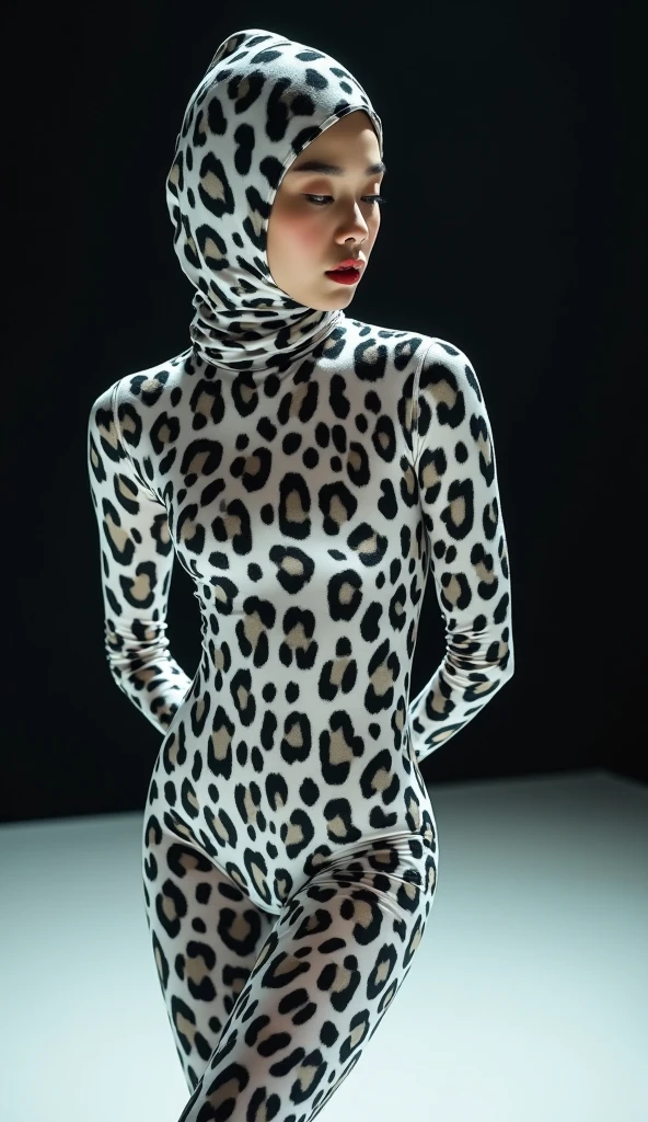 The beautiful Chinese adult girl with beautiful cheeks wears white leopard print full lycra dancewear turtleneck unitard catsuit covered with black spots.She wears white leopard print lycra elastane dancewear hijab-like zentai hood.She is happy to perform contortion performance.