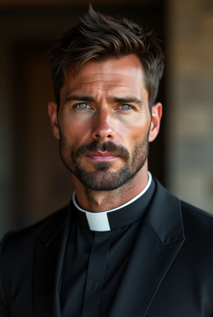HD image, hyper realistic. Ian Somerhalder with a goatee as a Lutheran pastor wearing a clerical circular collar. Handsome man. Full body image.