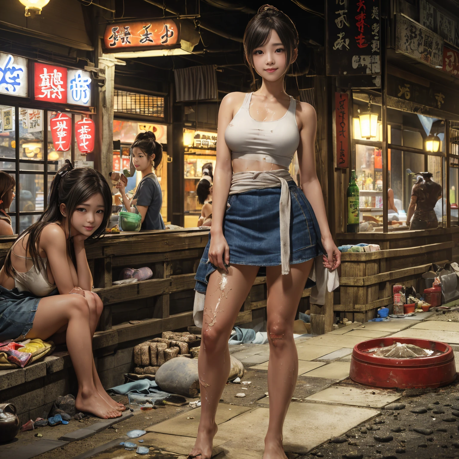 ((masterpiece、Highest quality))、Beautiful girls gather.、Three girls in summer clothes、((Showa Retro:1.2、Hot Spring Town、Indoor hot spring facilities))、(Detailed and cute face:1.3、Tank top、mini skirt)、(Poor conditions、smile、Japan's poor neighborhoods、Dim and unsanitary、Standing Bar、みんなで楽しくdiet、Crumbling underground shopping mall:1.3)、屋台のdiet店、stage、sewage、Dirty shop、street vendors、Unsanitary and abandoned city、smile、diet、Poor person々