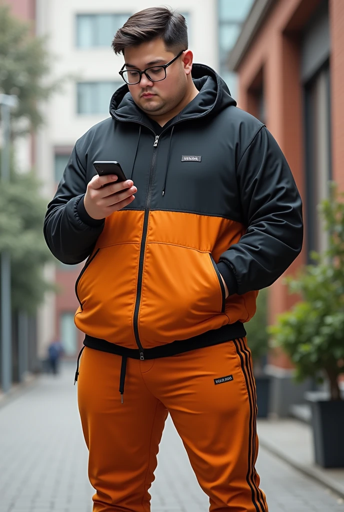 Fat boy, of 1.66 tall, Wearing glasses, with short, military-style hair and black color, black eyes, wearing a jacket that fits your body, Jacket color: black on the top half and orange on the bottom half, wearing gym pants and looking at his cell phone, white skin and a slightly round face.