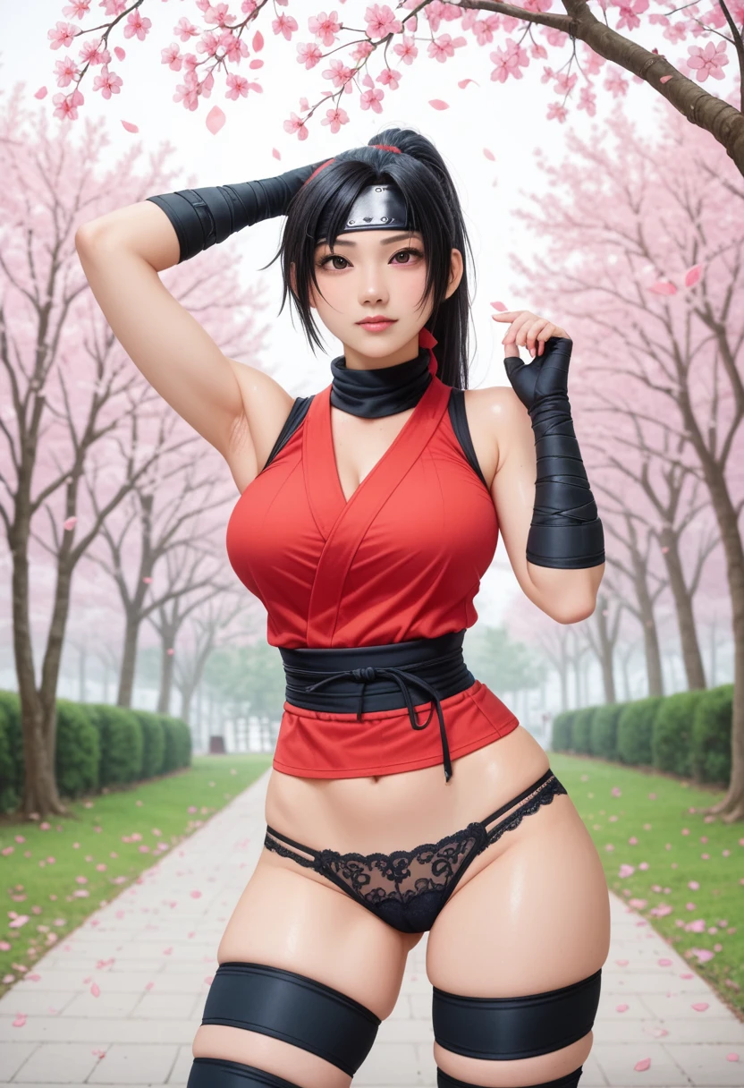 Sarada uchiha, ultra realistic, using her Shinobi outfit but with exposed breasts and pussy, small breasts, flat chest, small girl