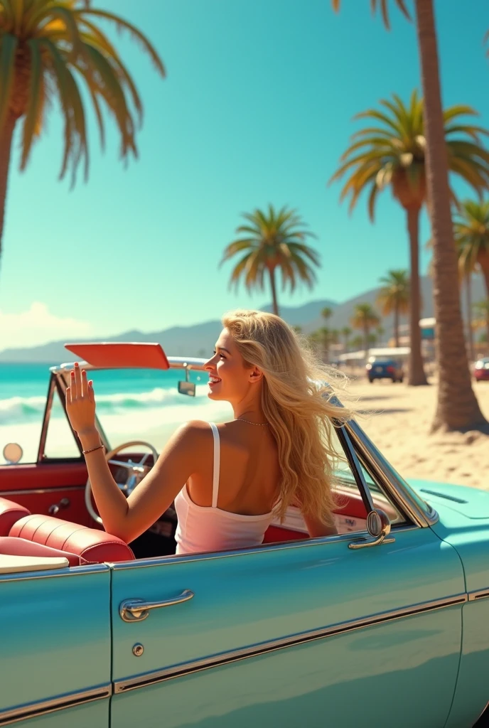 Blonde girl on a skyblue convertible car, turned their back and lifting one hand having fun, in Los Angeles beach with palm trees, retro style