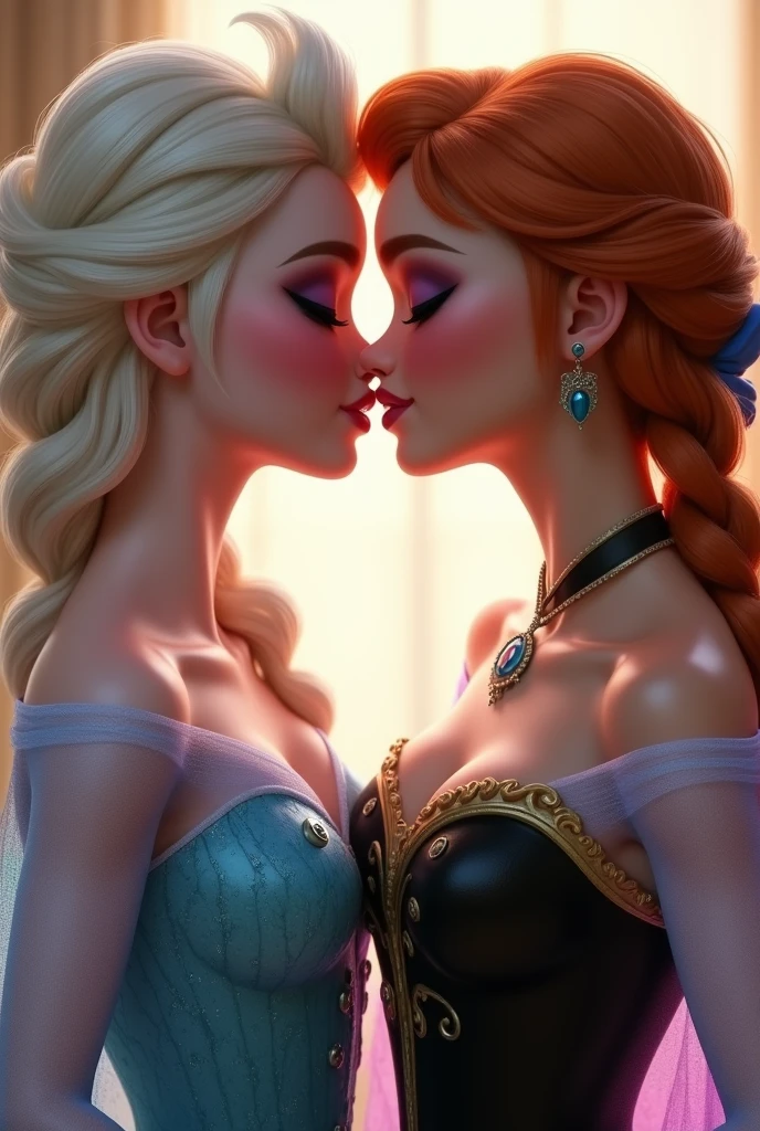 Realistic, A stunning portrait of Elsa and her sister Anna touching each others breasts, kissing, French kissing, tongues touching, they are kissing, young and beautiful, hyper realistic, real portrait, backlit, exquisite features, cleavage, Elsa is in ecstasy, elsa is shorter than Anna, Anna is confident, Elsa is unsure, Anna has red hair, exposed breasts, Anna is taller, their lips are touching, their tongues are touching, deep French kiss. 