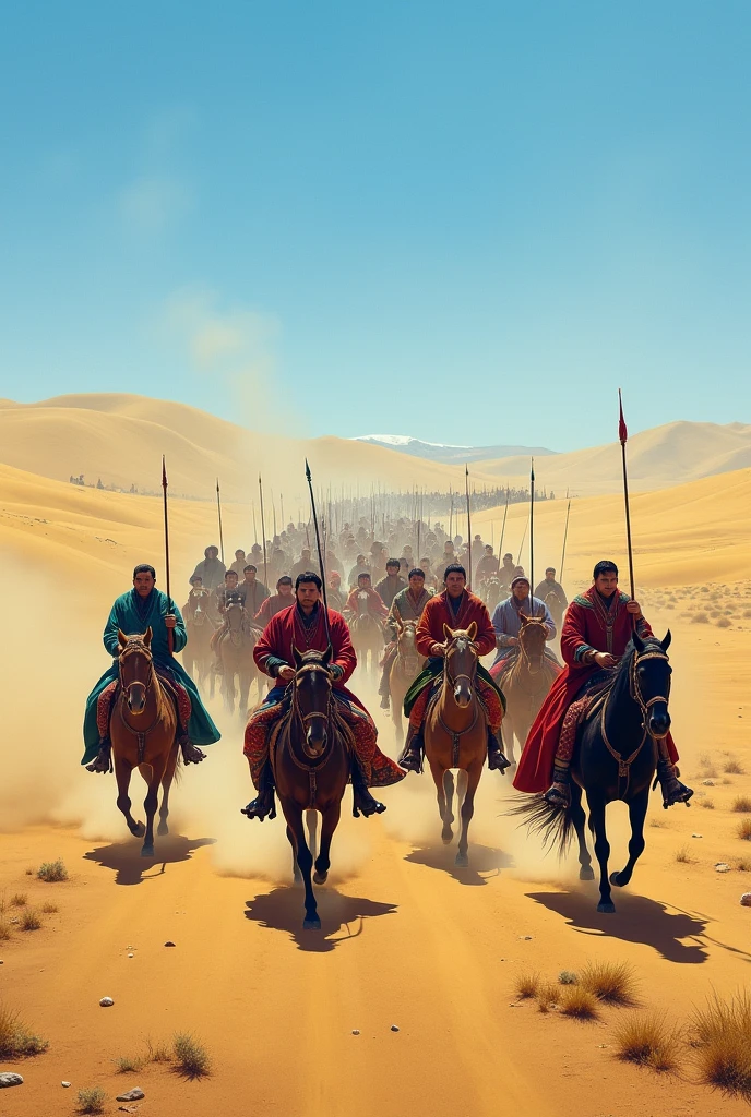 "Create a vast, expansive steppe landscape with rolling hills under a clear blue sky. Populate the scene with 1,000 Mongolian horsemen, each riding strong, sturdy horses. The horsemen are wearing traditional 'deel,' which are colorful, ankle-length robes with wide belts, featuring various patterns and designs. The scene should capture the motion and energy of the riders, with some holding traditional weapons like bows or spears. The horses should be in various poses—some galloping, others trotting, with dust being kicked up from the ground. The overall atmosphere should convey a sense of tradition, strength, and the vastness of the Mongolian steppe."
This detailed description should help in generating the desired image.