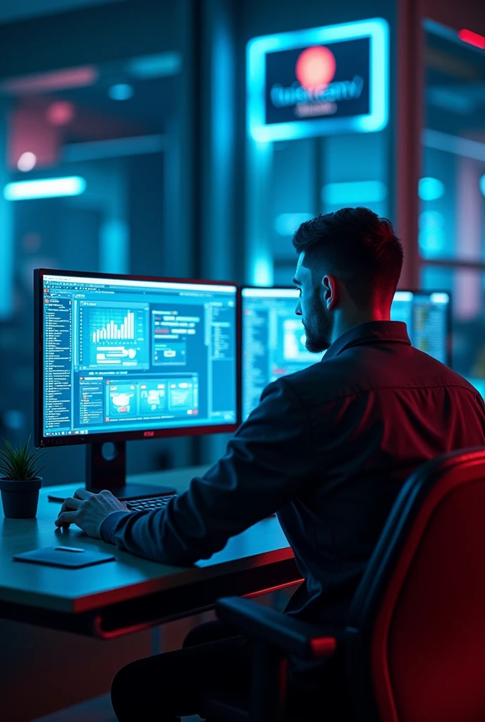 Il y a un homme assis à un bureau avec deux écrans d'ordinateur., éclairage bleu* et cinématique, Post-production 8k, Post-production 8K, Éclairage rouge cinématographique, Post-production 8k, Post-production 8K, composition, Cyberpunk Clay, avec éclairage cinéma, éclairage aux couleurs cinématographiques, Prise de vue cinématographique, Rendu 3D 8K tir, Portrait pris en 8K avec le logo de "Twistreamv en bleu "