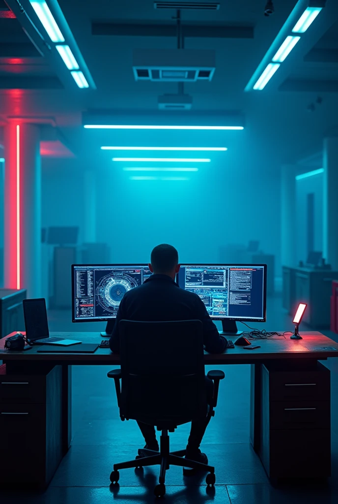 Il y a un homme assis à un bureau avec deux écrans d&#39;ordinateur., éclairage bleu* et cinématique, Post-production 8k, Post-production 8K, Éclairage rouge cinématographique, Post-production 8k, Post-production 8K, composition, Cyberpunk Clay, avec éclairage cinéma, éclairage aux couleurs cinématographiques, Prise de vue cinématographique, Rendu 3D 8K tir, Portrait pris en 8K avec le logo de "Twistreamv en bleu "