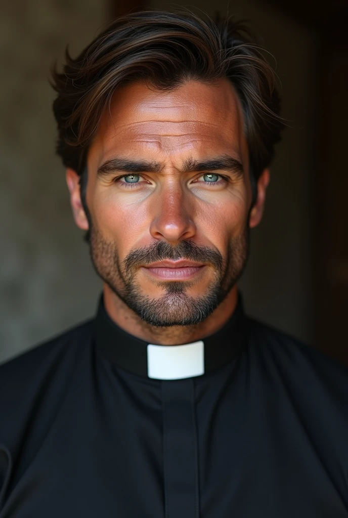 HD image, hyper realistic. Ian Somerhalder with a goatee as a Lutheran pastor wearing a clerical circular collar. Handsome man. Full body image. 