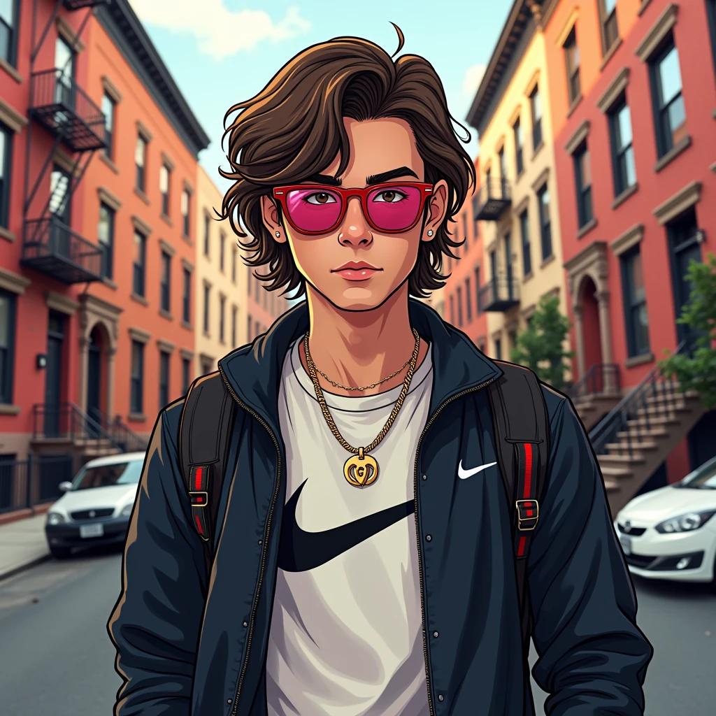 A stylized illustration, with framing from the waist up, This type of art will be based on cartoon and manga fundamentals.. A man who looks like Tom Holland in a Nike shirt, trap singer style and behind a blookyn neighborhood, with headphones and a black jacket, wearing Gucci sunglasses, medium hair. with a backpack on your back