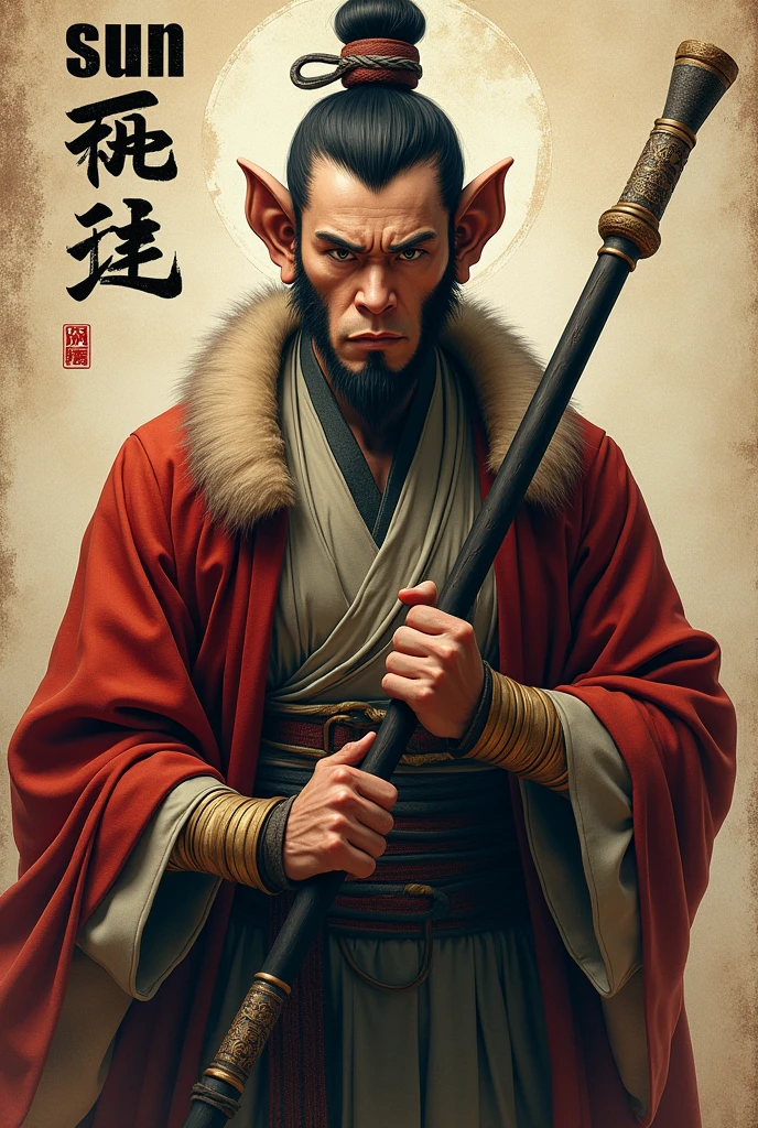 "A cinematic hyperrealistic posterized version of sun wukong, the Monkey King from Chinese culture, in the style of a Midjourney XXXXXX. The image shows a half-body portrait from belly up to above the head, with a front-facing 180-degree angle. sun wukong is depicted holding his iconic stick weapon, rendered with intricate detail. The image is characterized by XXXX texture and a subtle XXXX, with complex shading, color tones, and subtle lighting. The anatomy and figurative details are highly realistic, following a professional-grade digital art style. 'Sun Wukong' (sun wukong) is creatively designed as a headline in Chinese characters, enhancing the poster's cultural and cinematic authenticity."