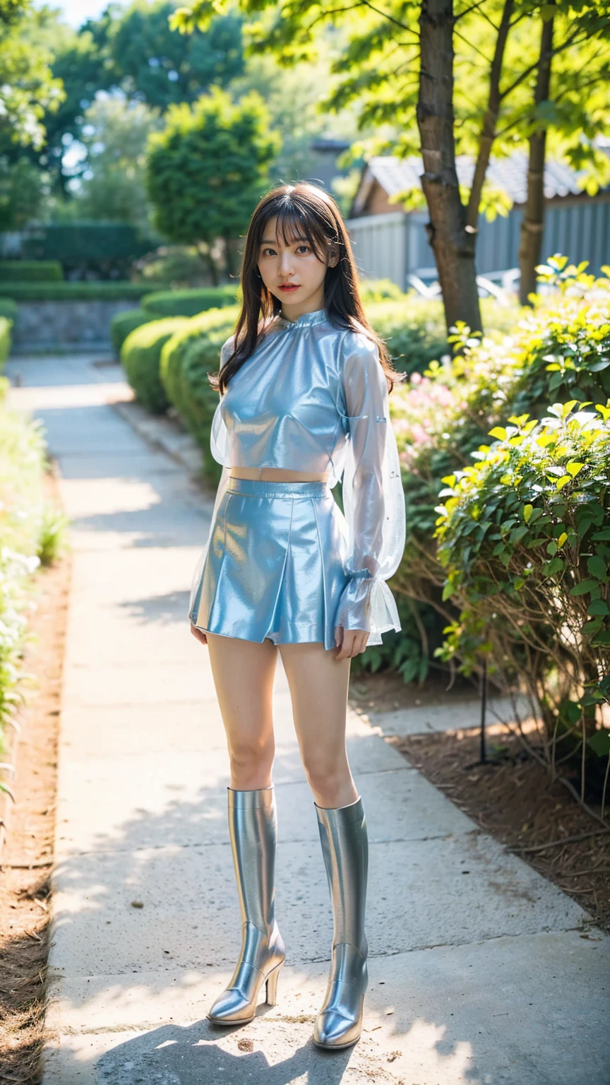 (8k、RAW Photos、Highest quality、masterpiece:1.2)、(Realistic、Realistic)、1 person、((Black and light blue mini skirt、Fantasy、Warrior Armor、See-through、garden、garden、Breast enlargement、boots、cool、Thin legs、whole body、View from the front、Looking into the camera、Stand with hands on hips))、cute