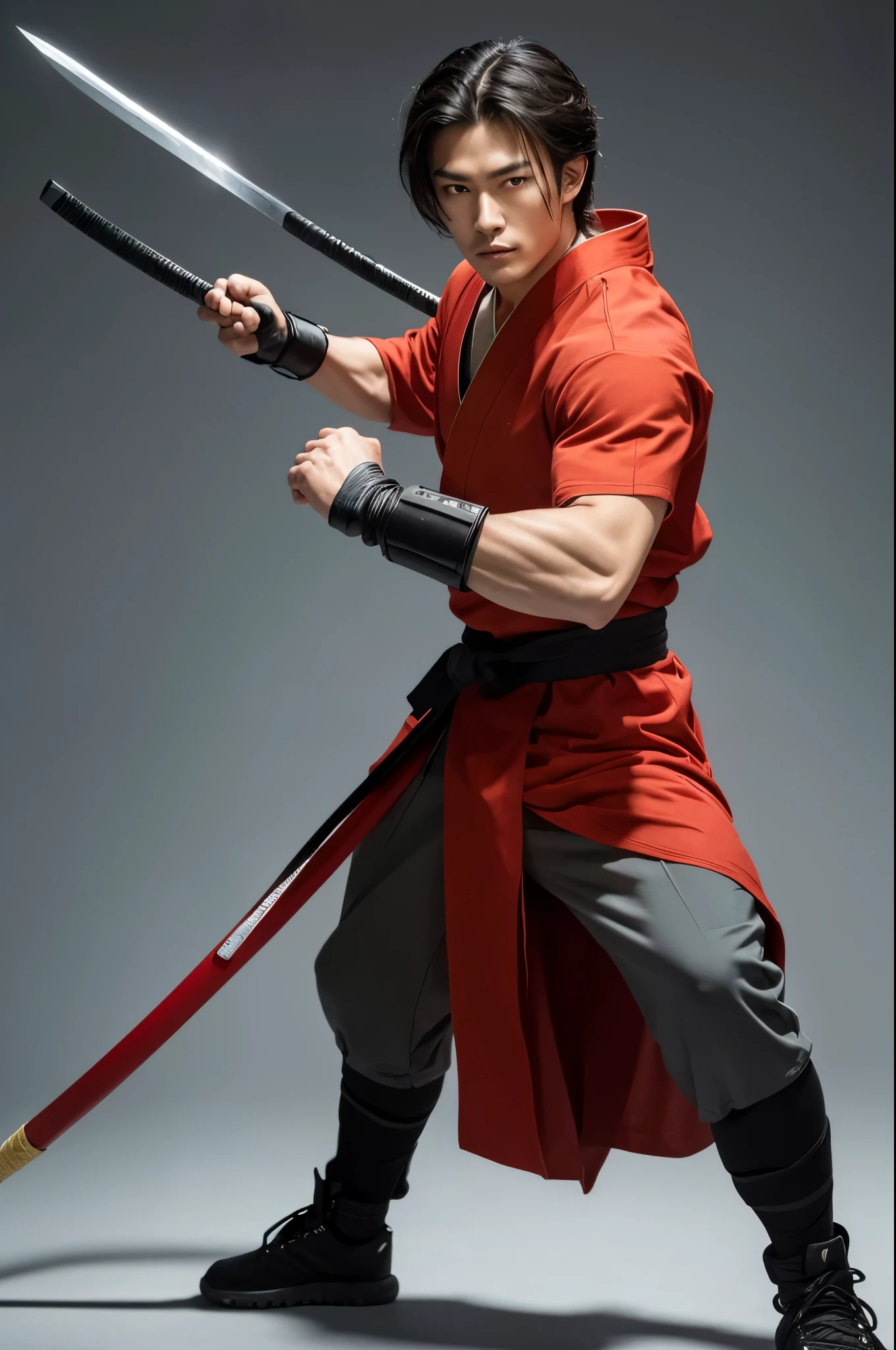 Create a realistic, high-resolution full-body image (8K or higher). The subject is a handsome Japanese man, age 25, with a tall and muscular build, balanced proportions, and a deep, chiseled face like someone of mixed heritage. He has sharp eyes and messy long hair. His attire can be a kimono, traditional Japanese armor, ninja outfit, or martial arts training gear. He can be barefoot, wearing boots, or sneakers. He wields either a katana, spear, tanto, kusarigama, meteor hammer, or nunchaku in one hand, or dual-wields them. The pose is dynamic and action-oriented. The background should be either a battlefield, Shibuya in 2024, or a green screen backdrop.
