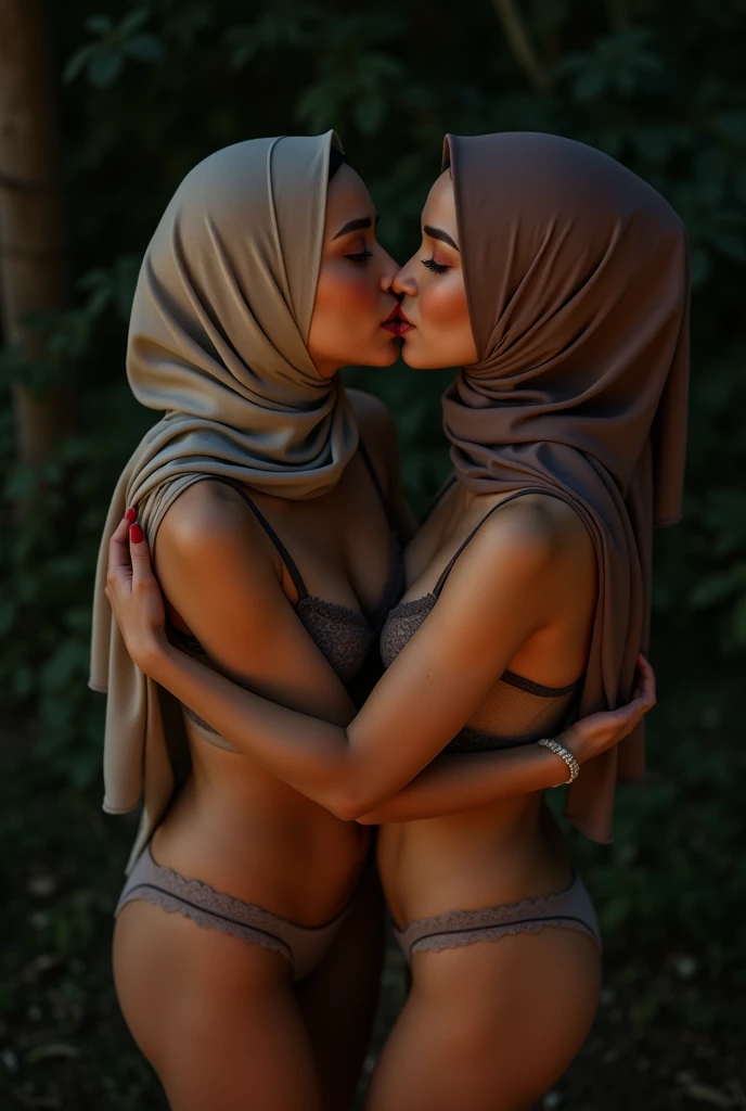 two beautiful hijab indonesian lesbian girl laying down,wearing bra and panties,hugging,french kiss,nighttime,view from top