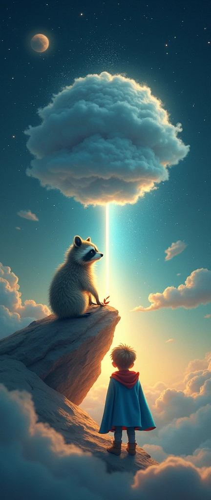 In this surreal and dream-like illustration, a small planet is divided into two distinct atmospheres. On one side, a cute, extra fluffy baby raccoon inhabits a cozy space, surrounded by dark blue skies filled with glowing stars that cast a gentle white and blue glow. On the opposite side, a curious and innocent little prince dons a blue cloak with red lining, standing in a bright, magical realm filled with roses and simple line drawings. The poster-worthy piece captures the essence of contrasting worlds, evoking a sense of melancholy and longing. This conceptual art, 3D render, and photo blend together to create a visually captivating and thought-provoking scene., conceptual art, 3d render, photo