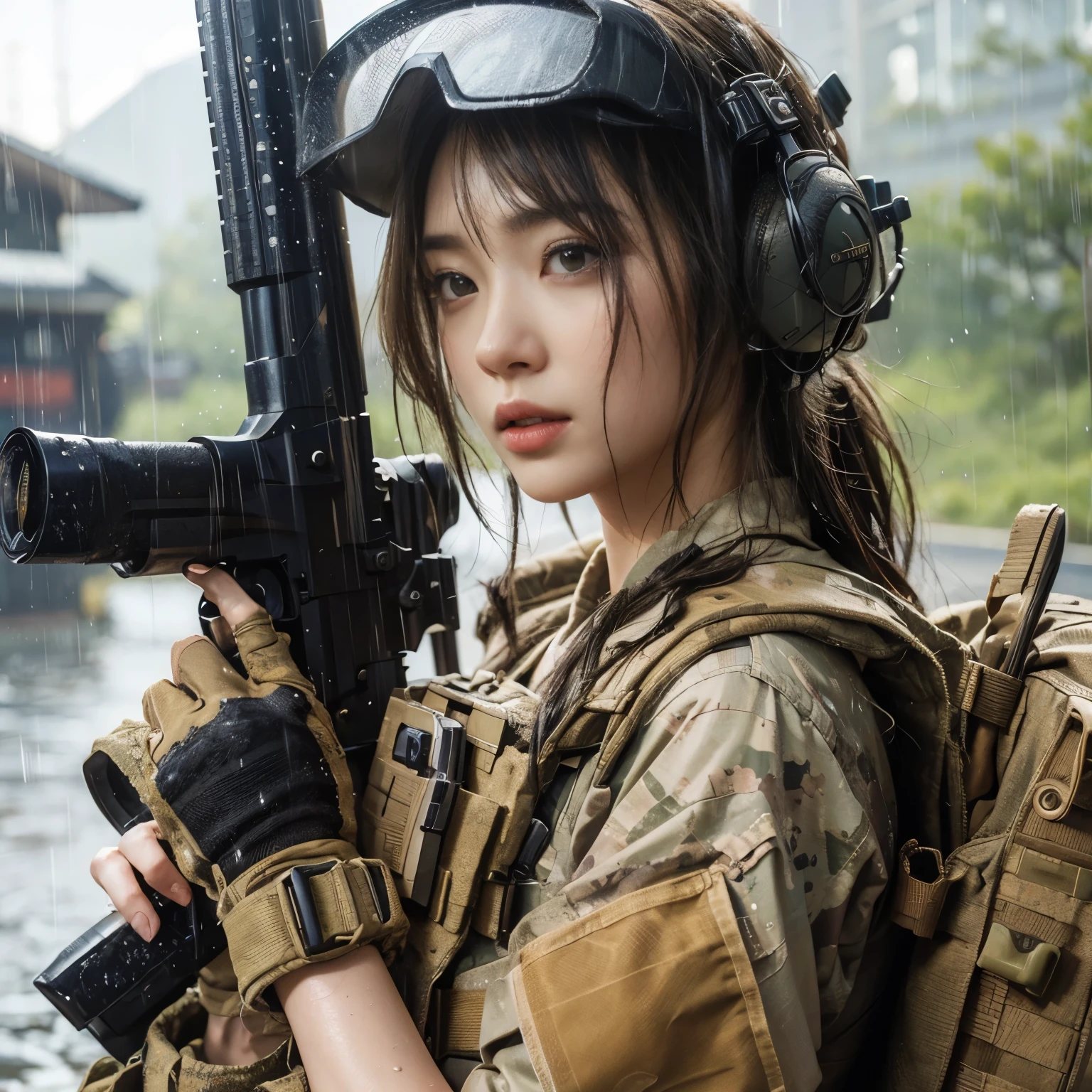 Realistic skin texture、Photorealistic、Japanese women in the U.S. military、heavy rain、Automatic rifle、Wet Hair