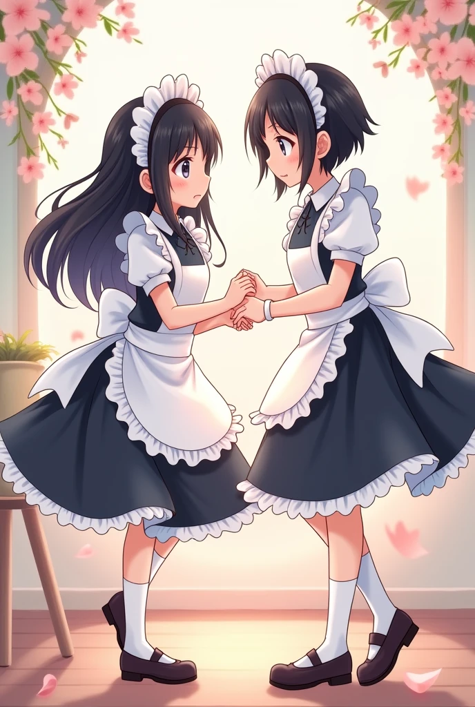 A white-skinned, black-haired Asian girl with an Asian boy with white skin and black hair, both wearing a maid outfit
