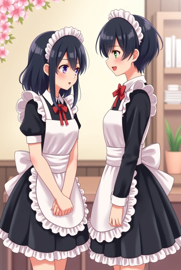 ((2 girls))、((smile))、blush、black shirt、blouse、((fun))、（small breasts）、Chirarism、black hair、(single braid)、((white apron:1.5))、((maid))、((hair ornaments)),  thighs, 壊す in house, ((in house:1.5))、 BREAK looking at viewer、torn skirt，(grab the skirt:1.0)、 (perfect hands, perfect anatomy),cowboy shot、((shaved pussy:1.5))、(skirt that rolls up:1.3)、(Highly detailed labia fully exposed:1.5)、(Photo seen from below:1.3)、skirtlift