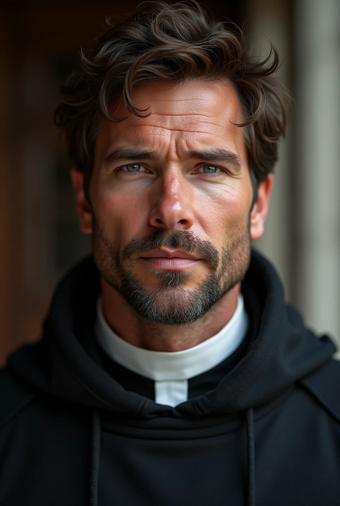 HD image, hyper realistic. Ian Somerhalder with a goatee as a Lutheran pastor wearing a clerical circular collar. Handsome man. Full body image. 