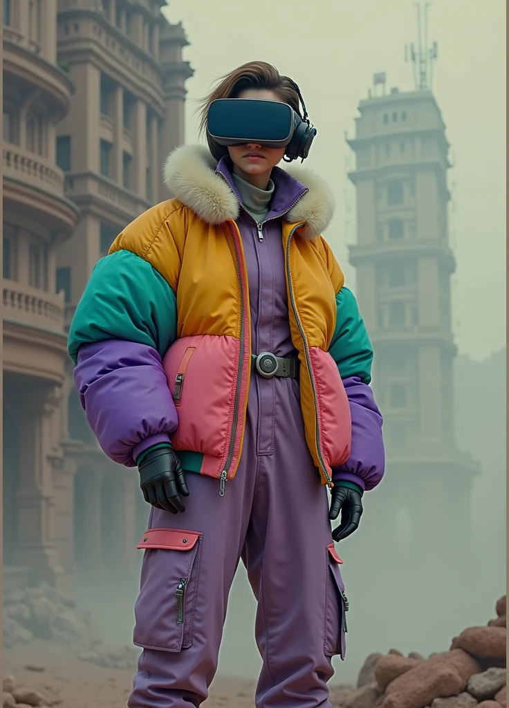 full body image, (ultra detailed,ultra high resolution,detailed background),((2d)),((flat color)),((dull color)), 1solo leaving the fog:1.5, looking at the viewer, baggy flight suit, oversized bomber jacket with sheepskin collar, (yellow, violet, cian, green, orange:1.3), plush collar, full body image, use VR glasses, ((Baron's Desert Intricut Fund)), ((apocalyptic city)), full body in frame, ((drone next to her))