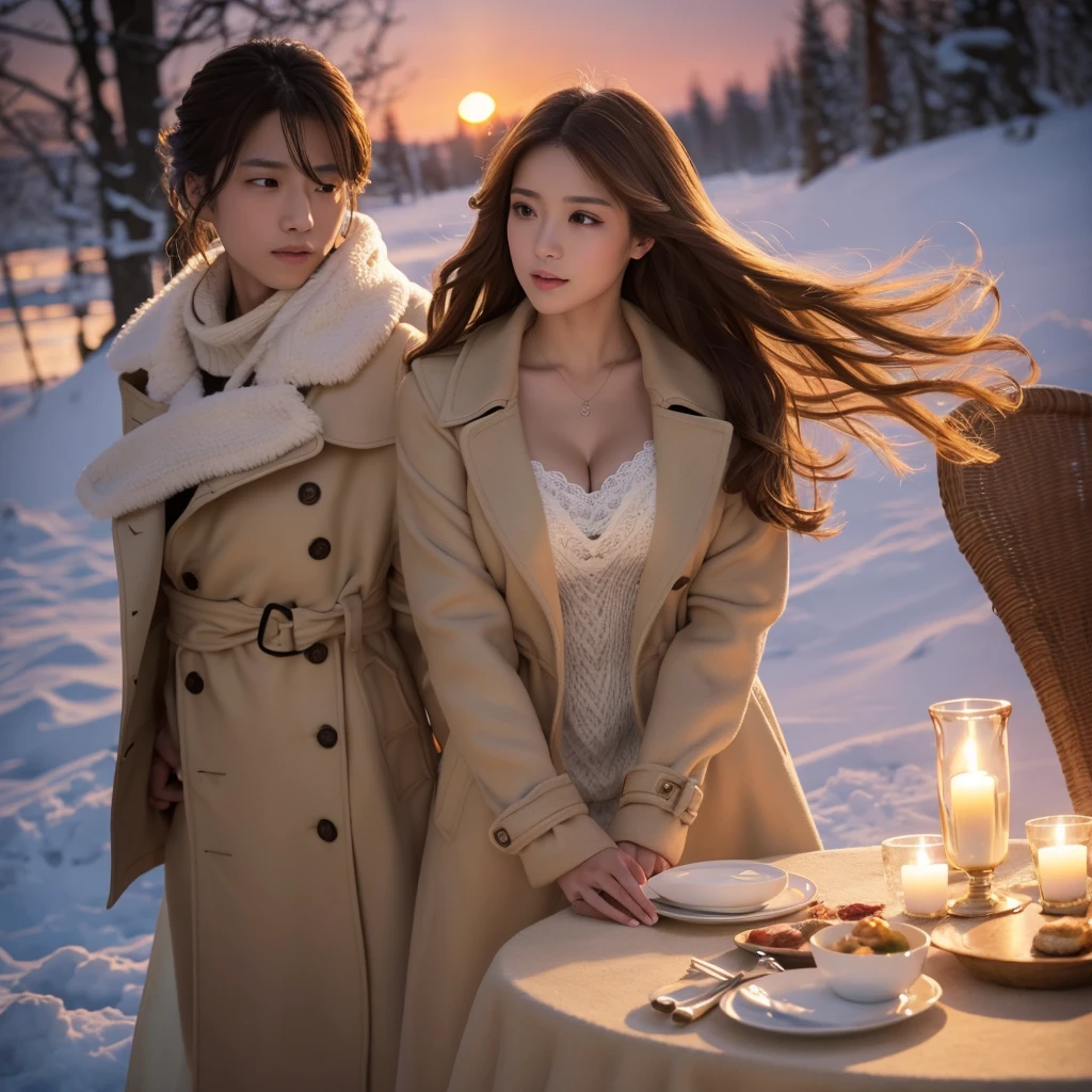 (table top、highest quality、8k、Award-winning work、ultra high resolution)、one beautiful woman、(Wearing an elegant thick fur beige trench coat:1.2)、knit sweater、perfect fit、brown hair、white skin、(big cleavage:1.1)、Very long wavy hair、epic movie lighting、(romantic love feeling:1.1)、(A vivid and magical sunset:1.1)、(The most romantic and moody atmosphere:1.1)、winter、snow scene、It's snowing、(Walking through the snowy city:1.1)、look at me、(Exposing big breasts that are about to burst:1.2)、(Most emphasize the body line:1.2)、very long hair、blurred background、accurate anatomy、ultra high definition hair、Perfect and beautiful teeth in ultra high resolution、Ultra high definition beauty face、ultra high definition hair、Super high-definition sparkling eyes、Shining, ultra high-resolution beautiful skin、ultra high resolutionの艶やかな唇、(close up of face:1.3)、look straight at me from the front