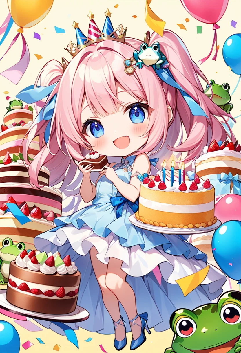 Highest quality、High resolution、Detailed Background、Beautiful face in every detail、Anatomically correct、Detailed facial expressions、fine grain、((full body, from below, looking away:1.2)), break ((One Girl:1.5)、((Chibi Girl:1.5)))、Bright pretty hair color、Big beautiful blue eyes、Fuller lips、Pink Lips、Braided twintails、Ahoge、break ((Eating cake:1.5))、(Cute satin sleeveless dress、Cute High Heels、Cute hair accessories)、break ((She has a very happy expression:1.5、Big smile))、break ((The background is a huge cake、Many kinds of cakes、Birthday Party、Confetti、Frog))
