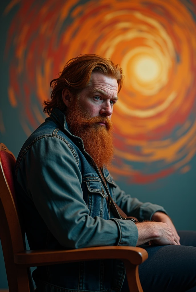 A GingerBearded Man Sitting on a Chair, Abstract Background, Side Camera Angle, colors like Red Dead Redemption 2, 8k, Realistic