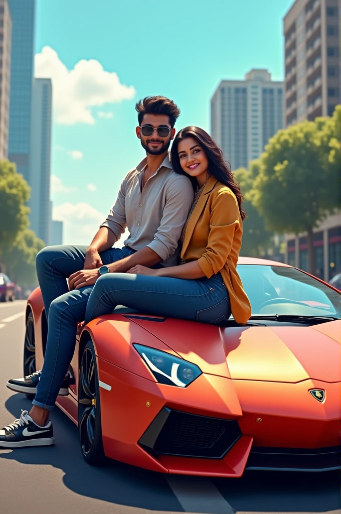 boy name ayush with a girl name rina and sit on a Mercedes car in the neon colour of city and neighbouring people shock with couple