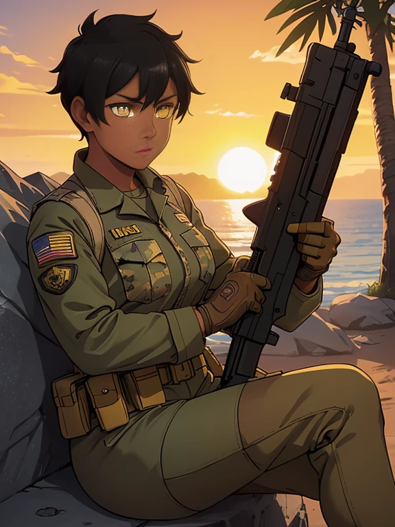 (26 year old:1.3), (tanned bronze skin:1.4), (Yellow colored eyes:1.4), (Short Black Hair:1.3), (Wearing: USA marine corps uniform, camouflage military uniform, armor and gloves), army girl, soldier girl, infantry girl, (sunset :1.2),(Sitting with hands holding a rifle:1),(surprised), highest quality, ultra-high resolution, absurdity, realistic, physically based rendering, cinematic lighting, complex and cinematic appearance, cinematic soft light, soothing tone, dynamic angle
