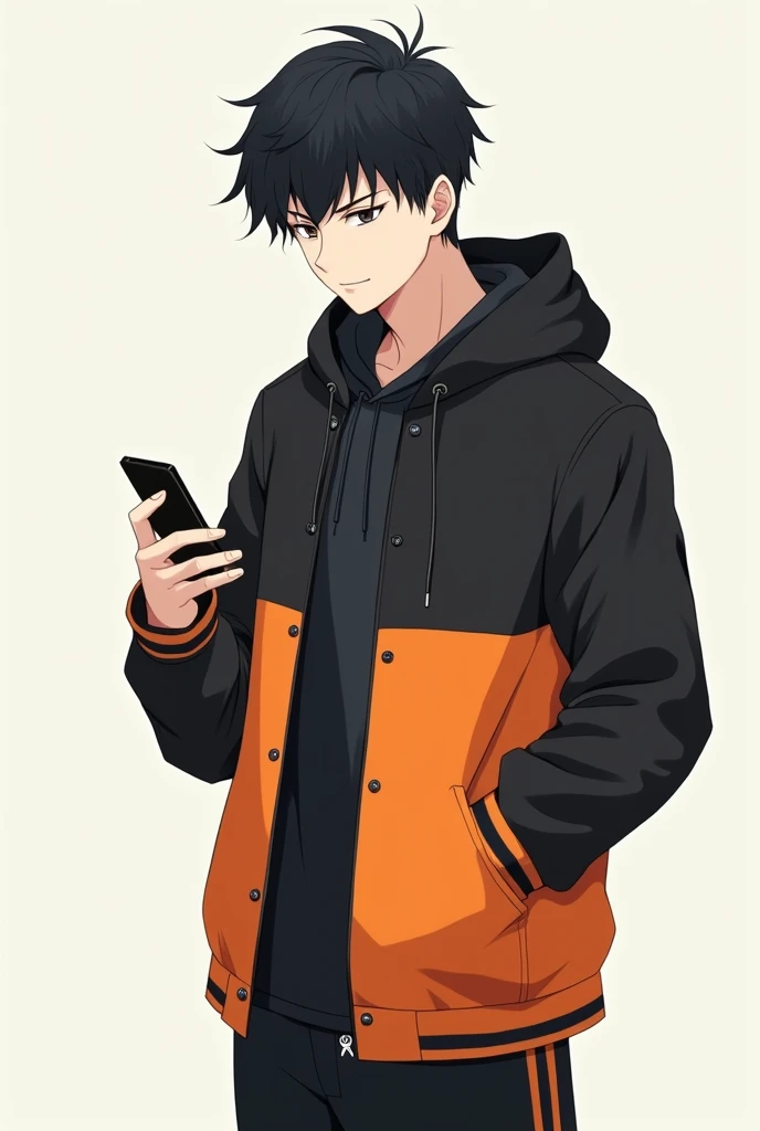 Fat boy, of 1.66 tall, Wearing glasses, with short, military-style hair and black color, black eyes, wearing a jacket that fits your body, Jacket color: black on the top half and orange on the bottom half, wearing gym pants and looking at his cell phone, white skin and a slightly round face. anime style.