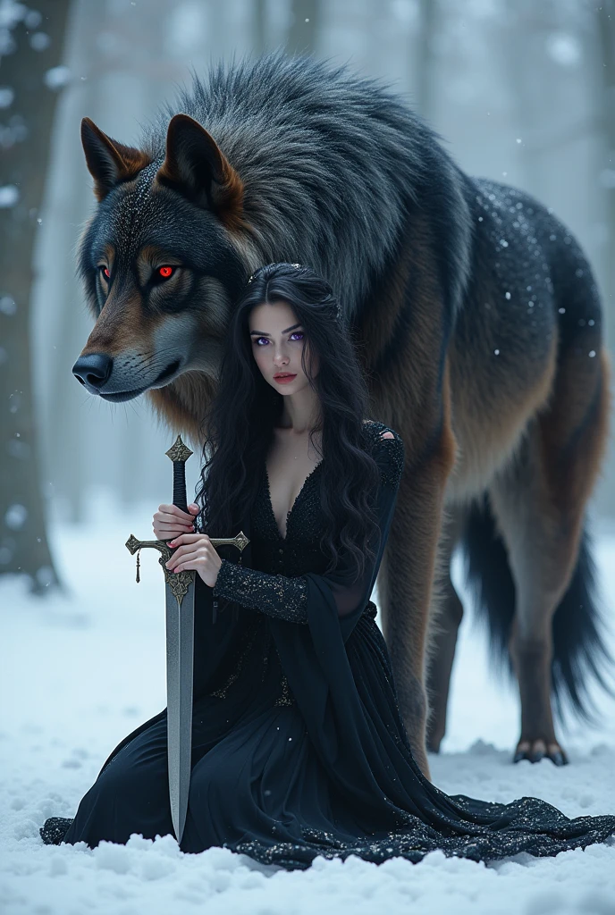 (photorealism:1.2), a beautiful woman with long black wavy hair and a purple eyes. She's kneeling with her mystical sword, she's wearing a black gown because she's the queen of mystical beasts. And one giant big mystical wolf behind her. And the eyes of the wolf is red. Make it dark fantasy, and accurate for a novel book cover. And it's snowing. 